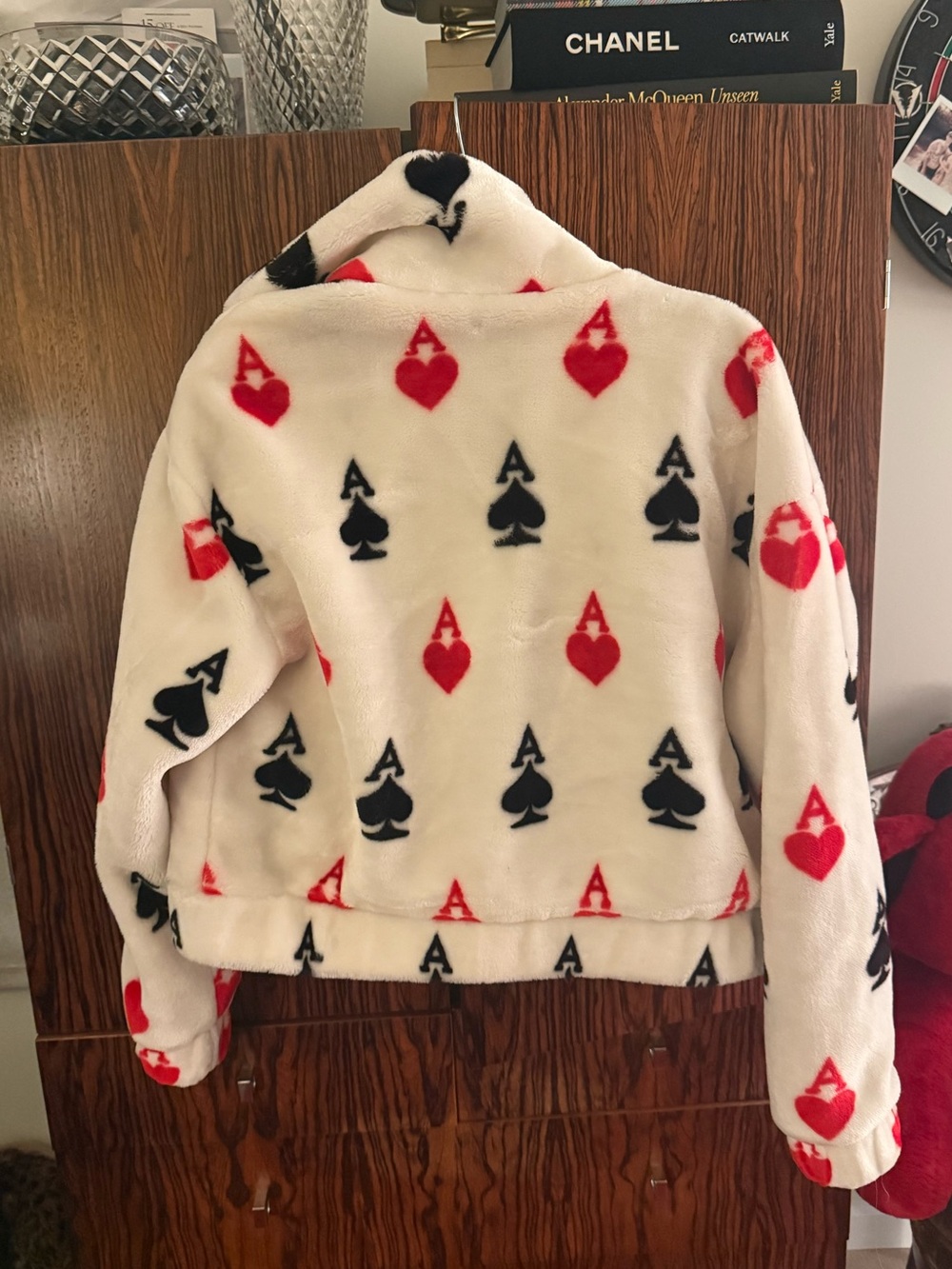 White Plush Jacket with Red & Black Ace Motif